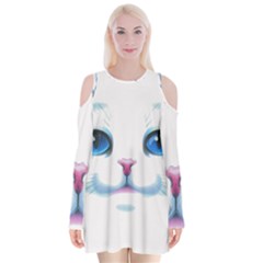 Cute White Cat Blue Eyes Face Velvet Long Sleeve Shoulder Cutout Dress