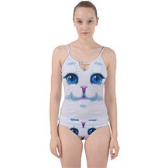 Cute White Cat Blue Eyes Face Cut Out Top Tankini Set