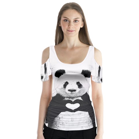 Panda Love Heart Butterfly Sleeve Cutout Tee  by BangZart