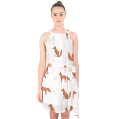 Fox Animal Wild Pattern Halter Collar Waist Tie Chiffon Dress