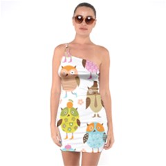 Cute Owls Pattern One Soulder Bodycon Dress