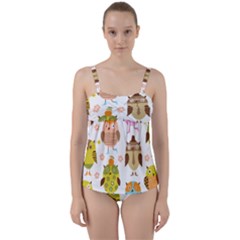 Cute Owls Pattern Twist Front Tankini Set