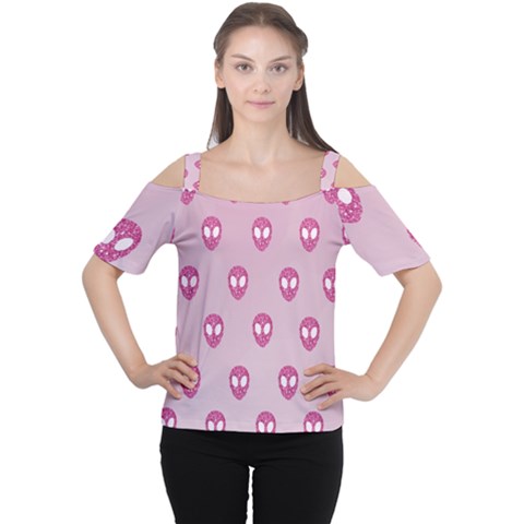 Alien Pattern Pink Cutout Shoulder Tee by BangZart