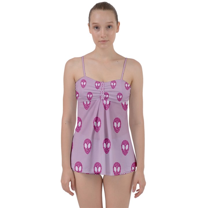 Alien Pattern Pink Babydoll Tankini Set