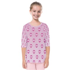 Alien Pattern Pink Kids  Quarter Sleeve Raglan Tee