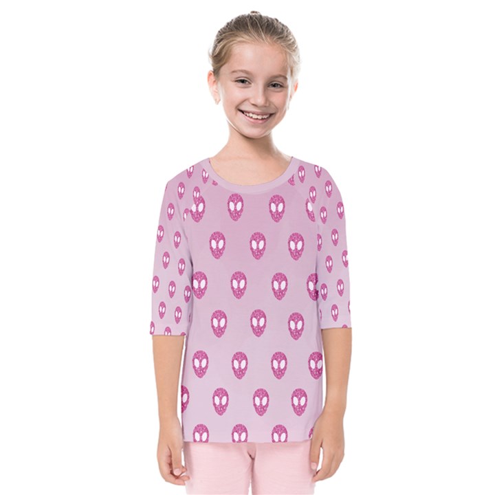 Alien Pattern Pink Kids  Quarter Sleeve Raglan Tee