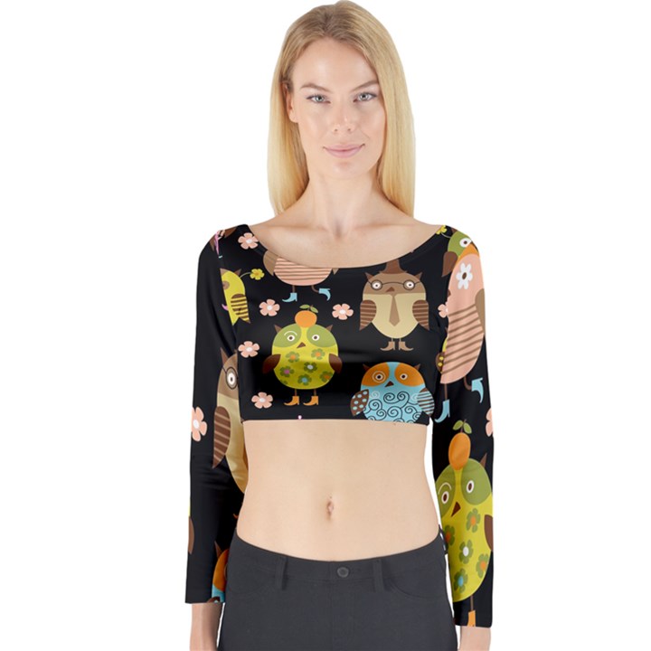 Cute Owls Pattern Long Sleeve Crop Top