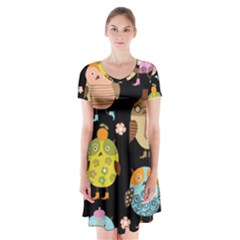 Cute Owls Pattern Short Sleeve V-neck Flare Dress by BangZart