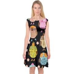 Cute Owls Pattern Capsleeve Midi Dress by BangZart