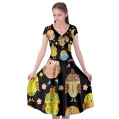 Cute Owls Pattern Cap Sleeve Wrap Front Dress by BangZart