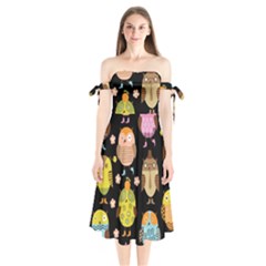 Cute Owls Pattern Shoulder Tie Bardot Midi Dress by BangZart