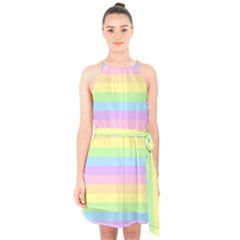 Cute Pastel Rainbow Stripes Halter Collar Waist Tie Chiffon Dress