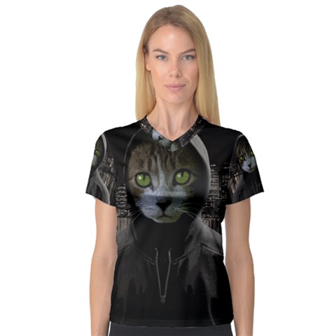 Gangsta Cat V-neck Sport Mesh Tee by Valentinaart