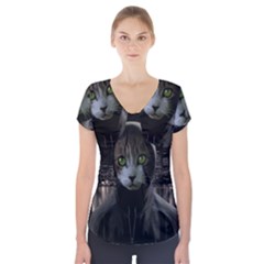 Gangsta Cat Short Sleeve Front Detail Top by Valentinaart