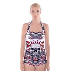 Skull Tribal Boyleg Halter Swimsuit  by Valentinaart