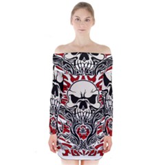 Skull Tribal Long Sleeve Off Shoulder Dress by Valentinaart