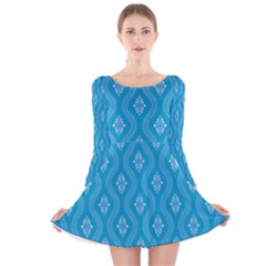 Blue Ornamental Pattern Long Sleeve Velvet Skater Dress