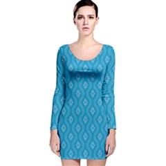 Blue Ornamental Pattern Long Sleeve Velvet Bodycon Dress