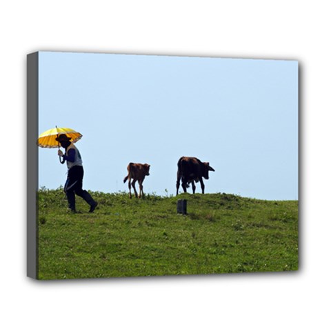 Cowherd With Yellow Umbrella Deluxe Canvas 20  X 16  (framed) by noegrr