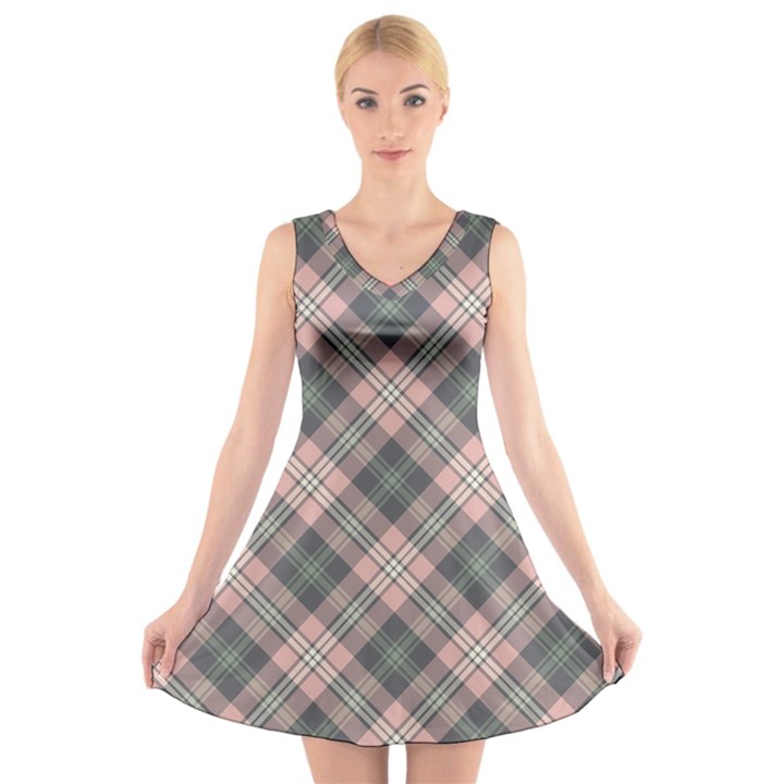 Pink and Sage Plaid V-Neck Sleeveless Skater Dress