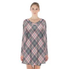 Pink And Sage Plaid Long Sleeve Velvet V-neck Dress