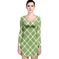 Green And White Diagonal Plaid Long Sleeve Velvet Bodycon Dress by NorthernWhimsy