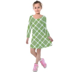 Green And White Diagonal Plaid Kids  Long Sleeve Velvet Dress by NorthernWhimsy