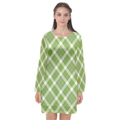 Green And White Diagonal Plaid Long Sleeve Chiffon Shift Dress  by NorthernWhimsy