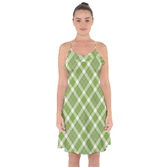 Green And White Diagonal Plaid Ruffle Detail Chiffon Dress