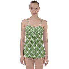 Green And White Diagonal Plaid Babydoll Tankini Set