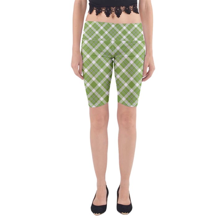 Green and White Diagonal Plaid Yoga Cropped Leggings