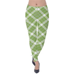 Green And White Diagonal Plaid Velvet Leggings by NorthernWhimsy