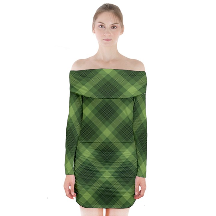 Dark Green Diagonal Plaid Long Sleeve Off Shoulder Dress