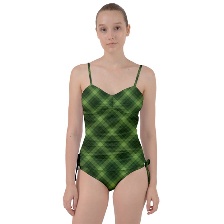 Dark Green Diagonal Plaid Sweetheart Tankini Set