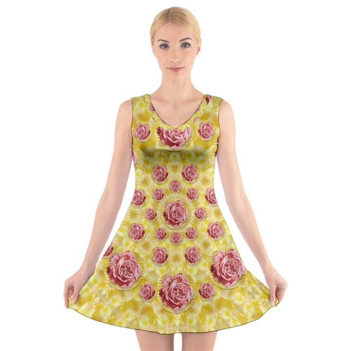 Roses And Fantasy Roses V-Neck Sleeveless Skater Dress