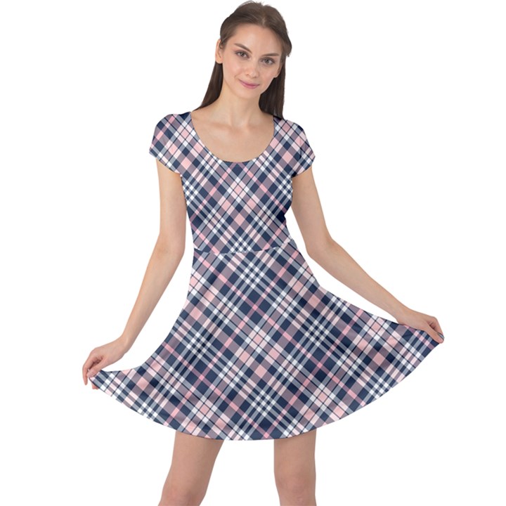 Navy and Pink Diagonal Plaid Cap Sleeve Dresses