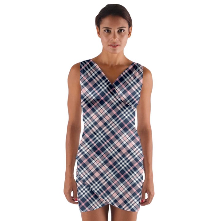 Navy and Pink Diagonal Plaid Wrap Front Bodycon Dress