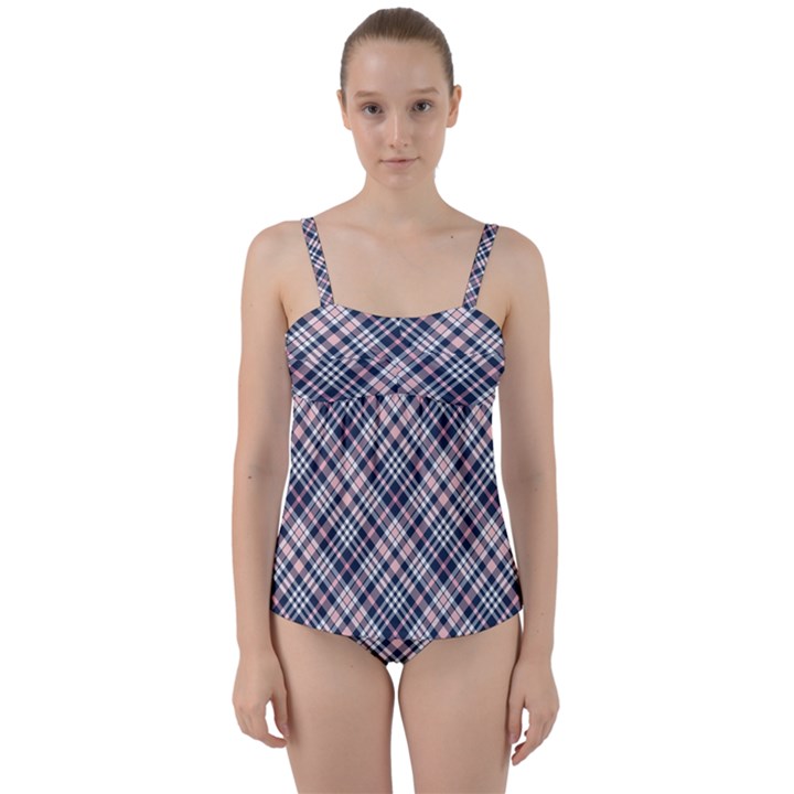 Navy and Pink Diagonal Plaid Twist Front Tankini Set