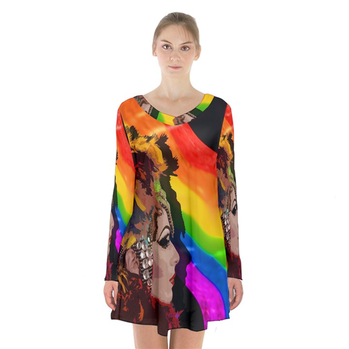 Transvestite Long Sleeve Velvet V-neck Dress