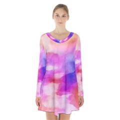 Colorful Abstract Pink And Purple Pattern Long Sleeve Velvet V-neck Dress by paulaoliveiradesign