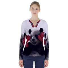 Boxing Panda  V-neck Long Sleeve Top