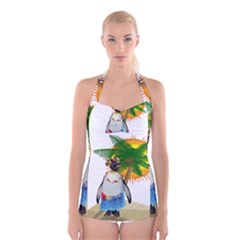 Tropical Penguin Boyleg Halter Swimsuit  by Valentinaart