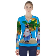 Tropical Penguin V-neck Long Sleeve Top by Valentinaart