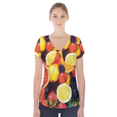 Fruits Pattern Short Sleeve Front Detail Top by Valentinaart