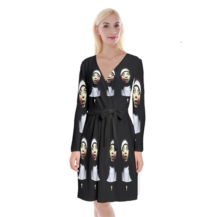 Horror nuns Long Sleeve Velvet Front Wrap Dress