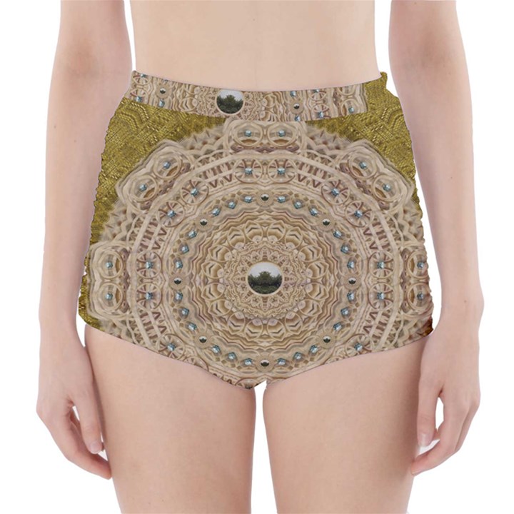 Golden Forest Silver Tree In Wood Mandala High-Waisted Bikini Bottoms