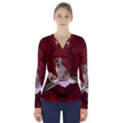 Sweet Little Chihuahua V-neck Long Sleeve Top by FantasyWorld7