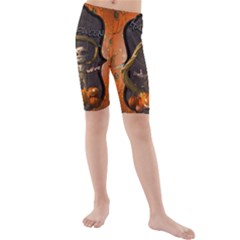 Halloween, Funny Mummy With Pumpkins Kids  Mid Length Swim Shorts by FantasyWorld7