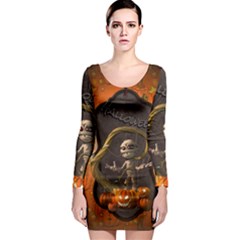 Halloween, Funny Mummy With Pumpkins Long Sleeve Bodycon Dress by FantasyWorld7