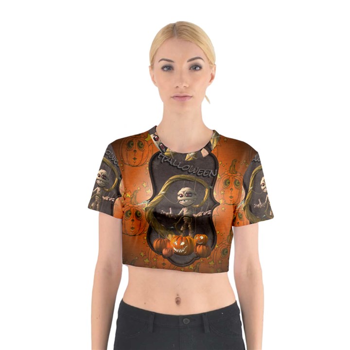 Halloween, Funny Mummy With Pumpkins Cotton Crop Top